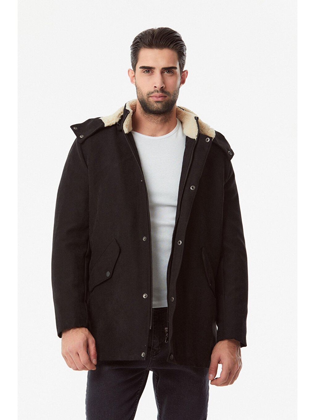 Siyah Süet Kapüşonlu Mont