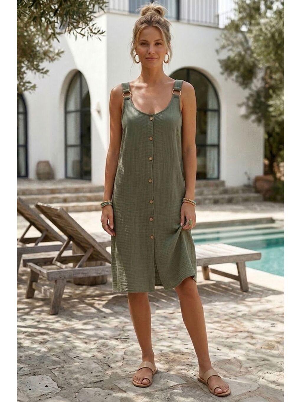 Haki Askılı Düğmeli Cepsiz Metal Halkalı Casual Müslin Dokuma Elbise 102 55-3