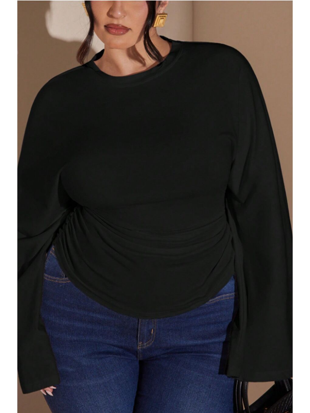 Siyah Büyük Beden Uzun Kollu Günlük Düz Renk Büzgülü Bel Geniş Kollu T-Shirt-3
