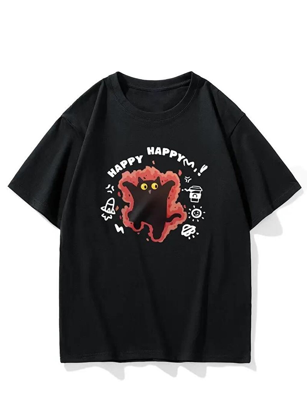 Happy Baskılı Siyah T Shirt