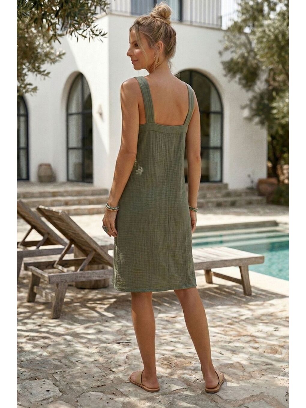 Haki Askılı Düğmeli Cepsiz Metal Halkalı Casual Müslin Dokuma Elbise 102 55-5