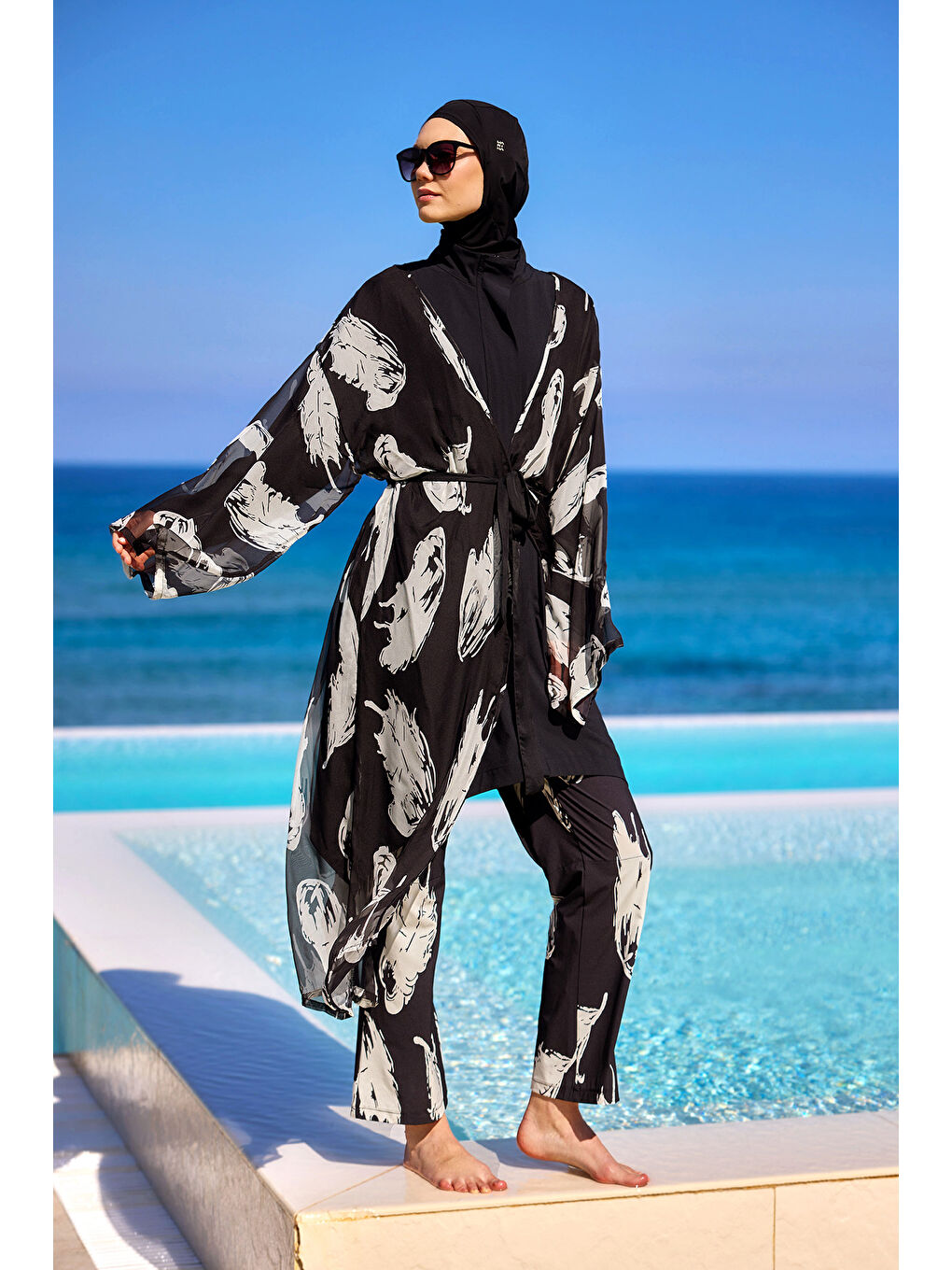 Siyah Renkli Desenli İpeksi Kimono - Hafif Dokulu, Tam Boy Pareo P2503-3-1