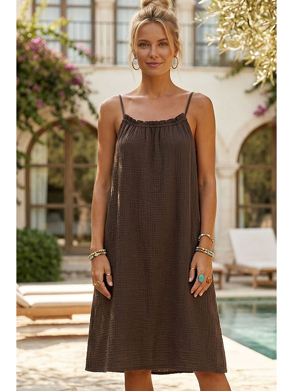 Kahverengi Askılı Gizli Cepli Ayarlanabilir Askılı Casual Müslin Dokuma Elbise 105 55-1