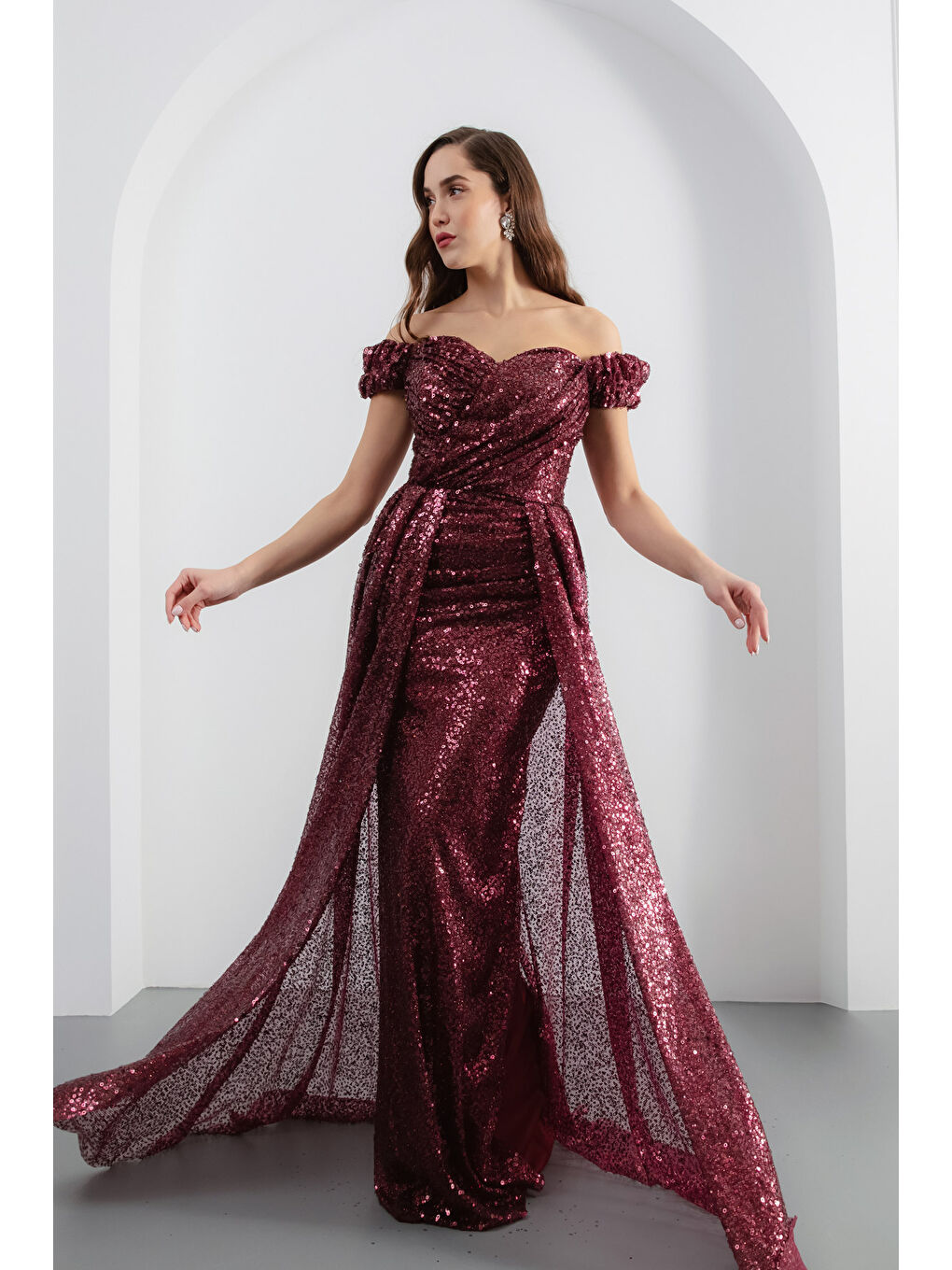 Kadın Bordo Pul Payet Işıltılı Uzun Abiye Elbise