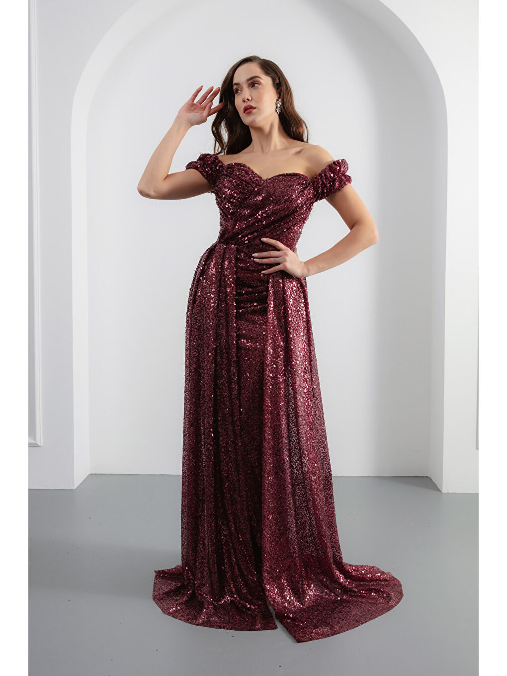Kadın Bordo Pul Payet Işıltılı Uzun Abiye Elbise-1