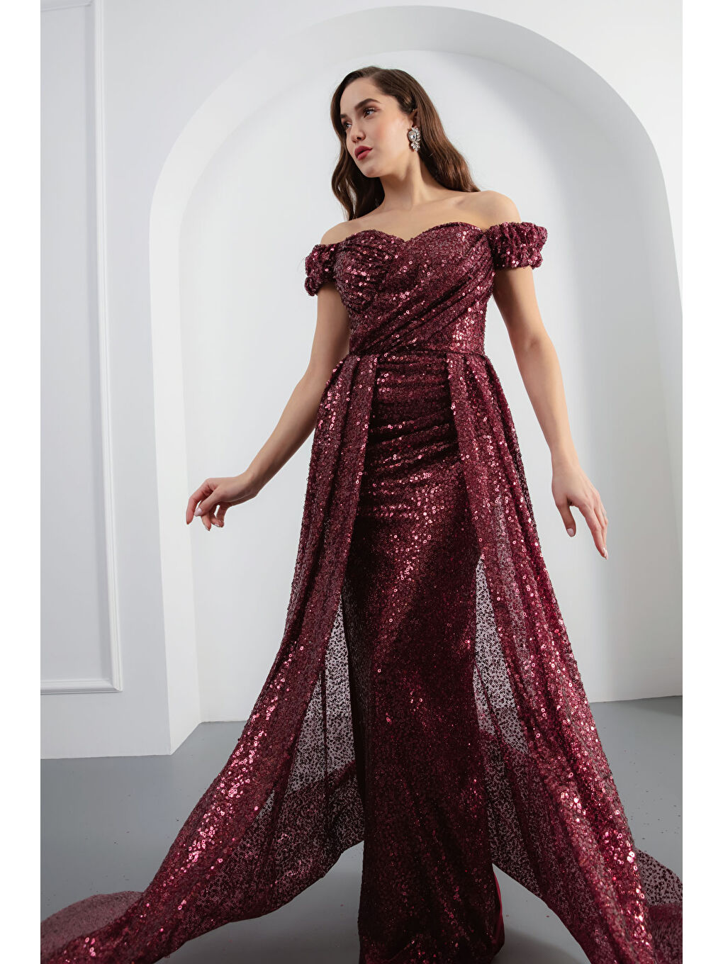 Kadın Bordo Pul Payet Işıltılı Uzun Abiye Elbise-2