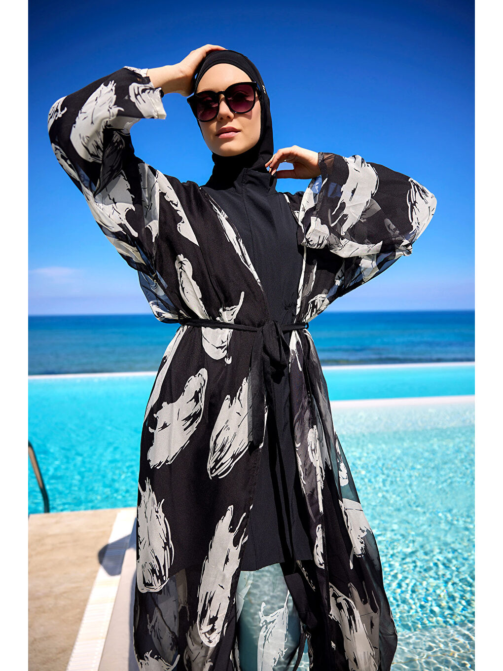 Siyah Renkli Desenli İpeksi Kimono - Hafif Dokulu, Tam Boy Pareo P2503-3-2