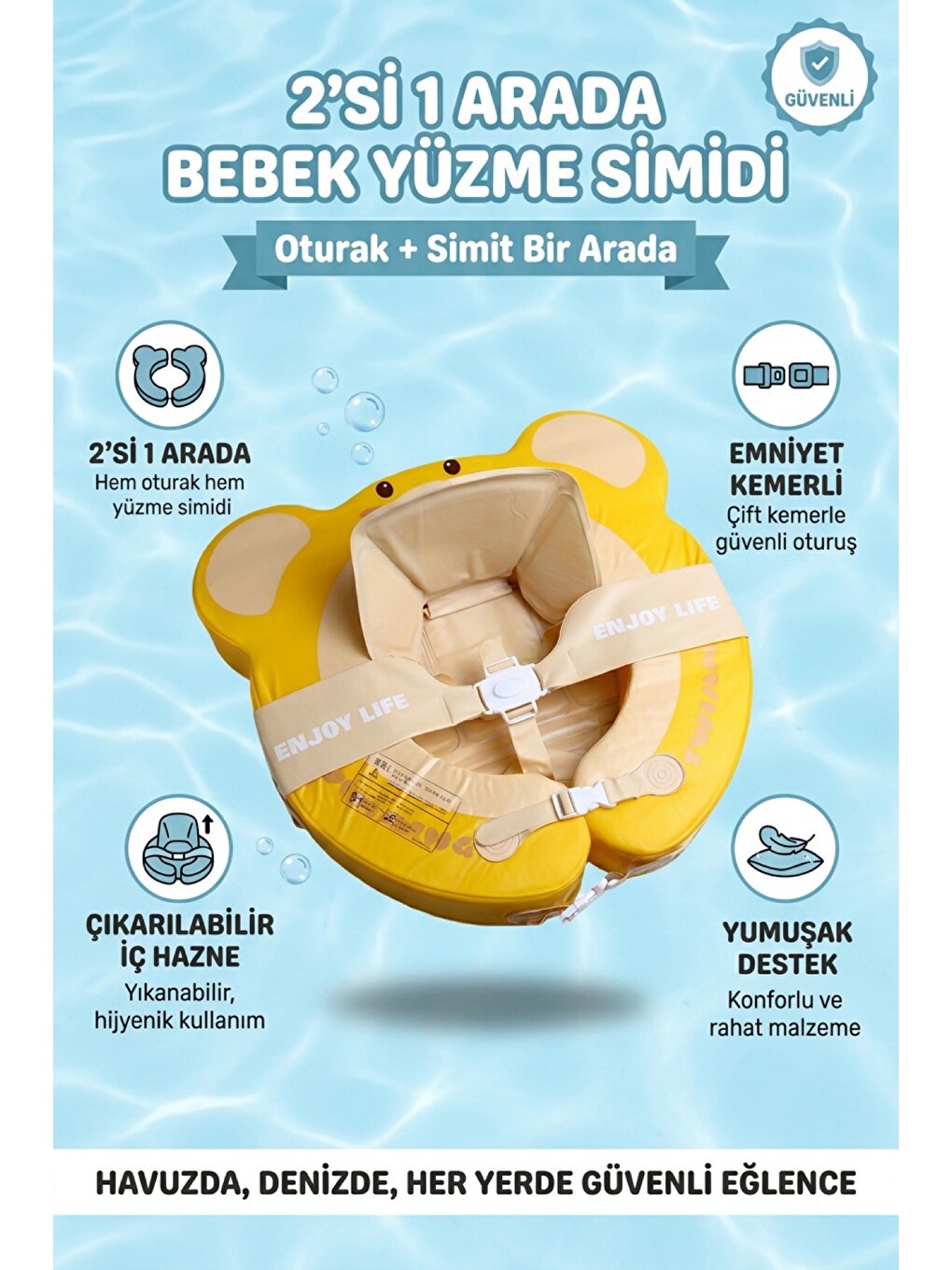 Karışık 2'si 1 Arada Büyüyen Çocuk Yüzme Simidi Ayıcık Temalı Çıkarılabilir İç Oturaklı Süngerli Pompasız 0-