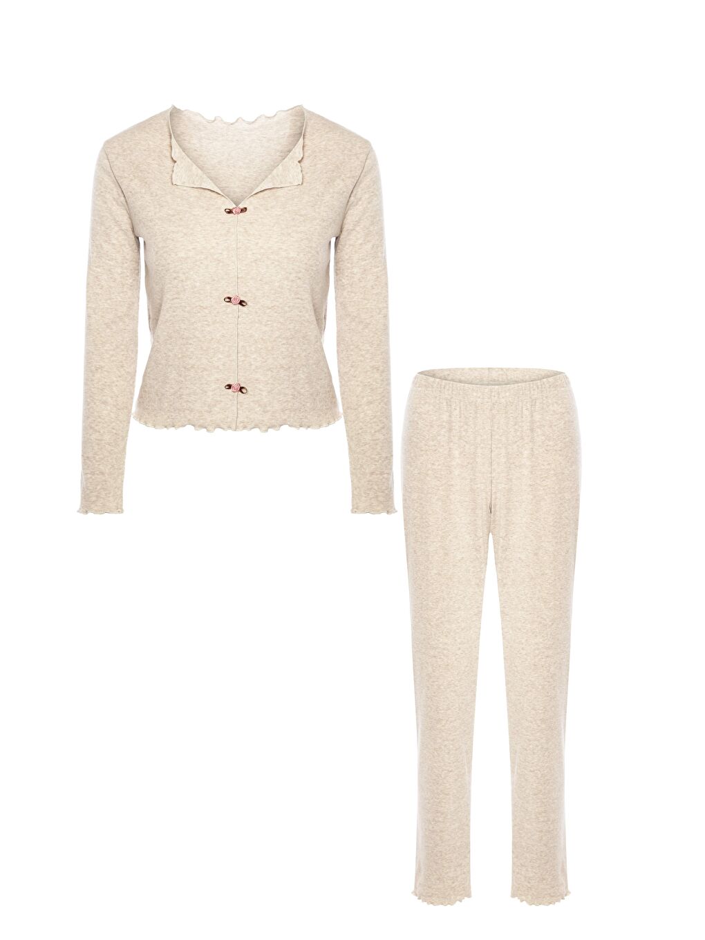 Kahverengi Kadın Pamuklu Çıtır Çiçek Desenli Baby Overloklu Fiyonklu Uzun Kollu Pijama Takımı