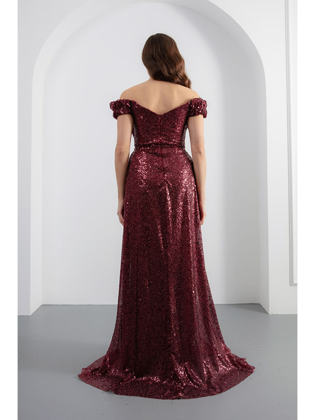 Kadın Bordo Pul Payet Işıltılı Uzun Abiye Elbise-4