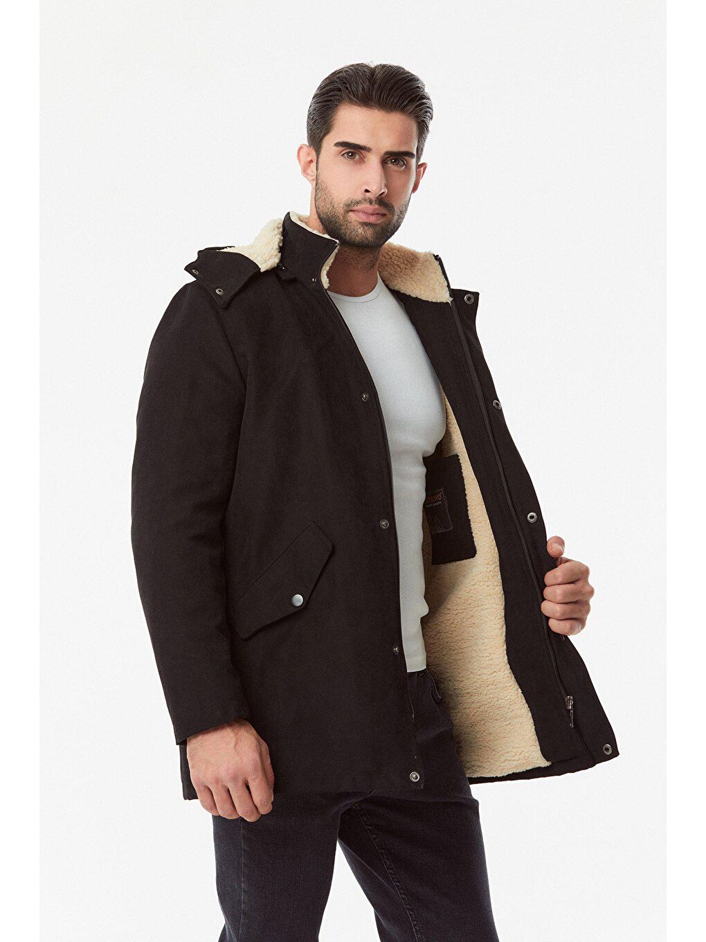 Siyah Süet Kapüşonlu Mont-1