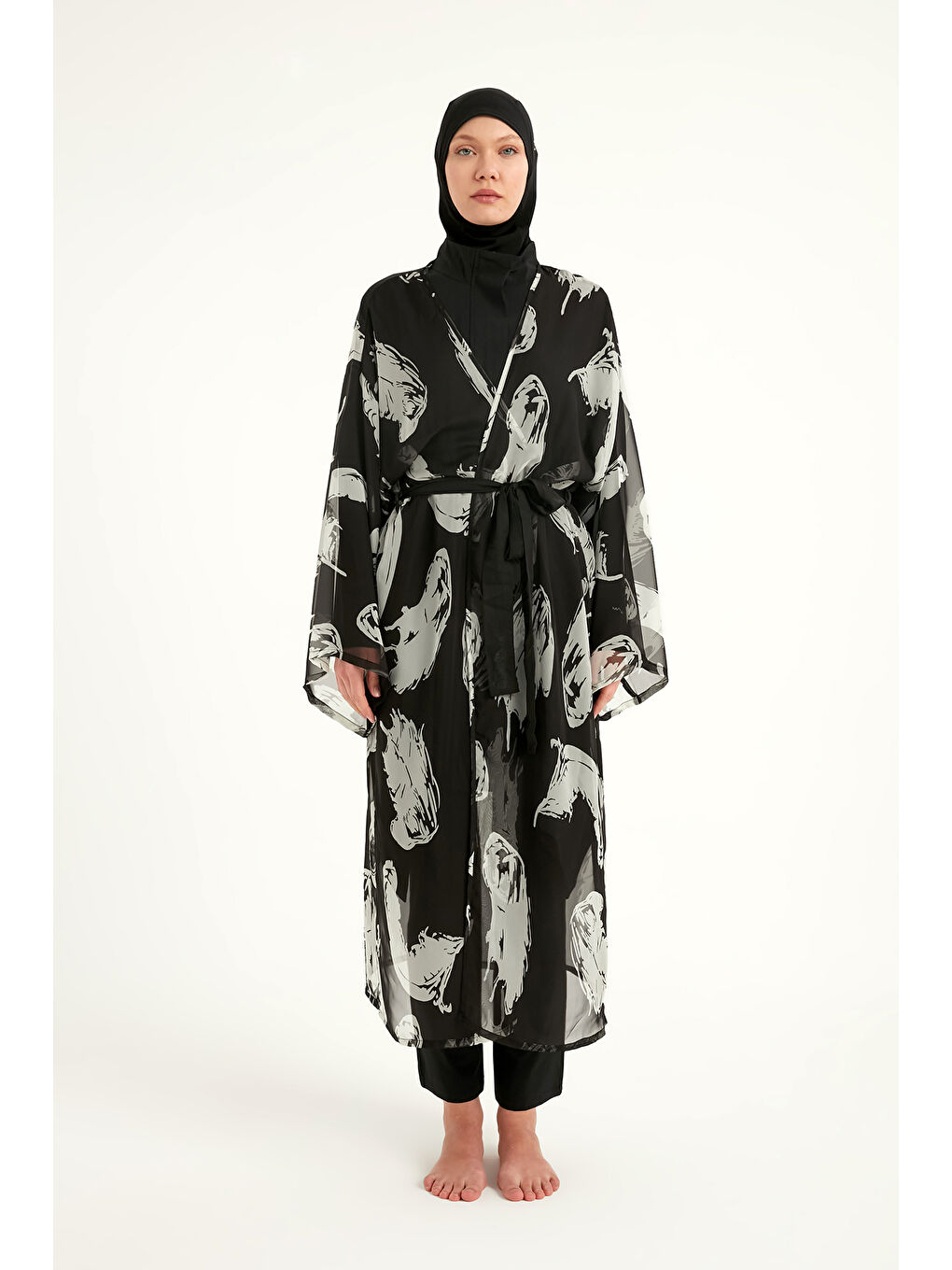 Siyah Renkli Desenli İpeksi Kimono - Hafif Dokulu, Tam Boy Pareo P2503-3-4