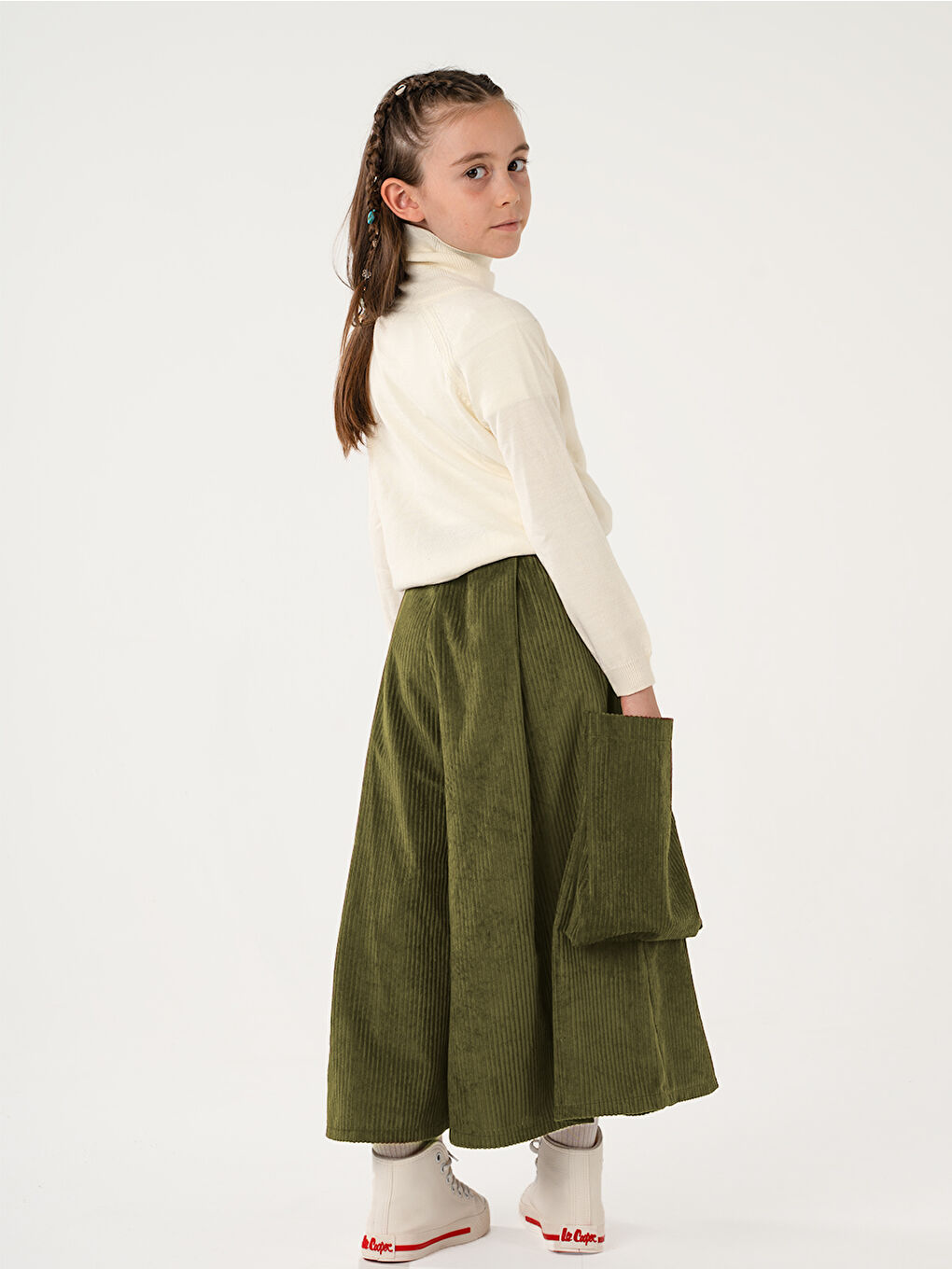 Kız Çocuk Haki Kadife Kali Pantolon Etek-1