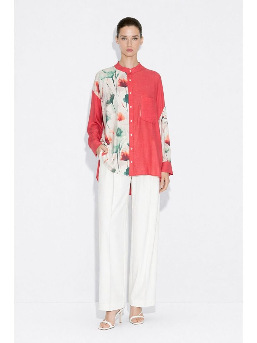 Çiçek Desen Detaylı Hakim Yaka Fuşya Tunik