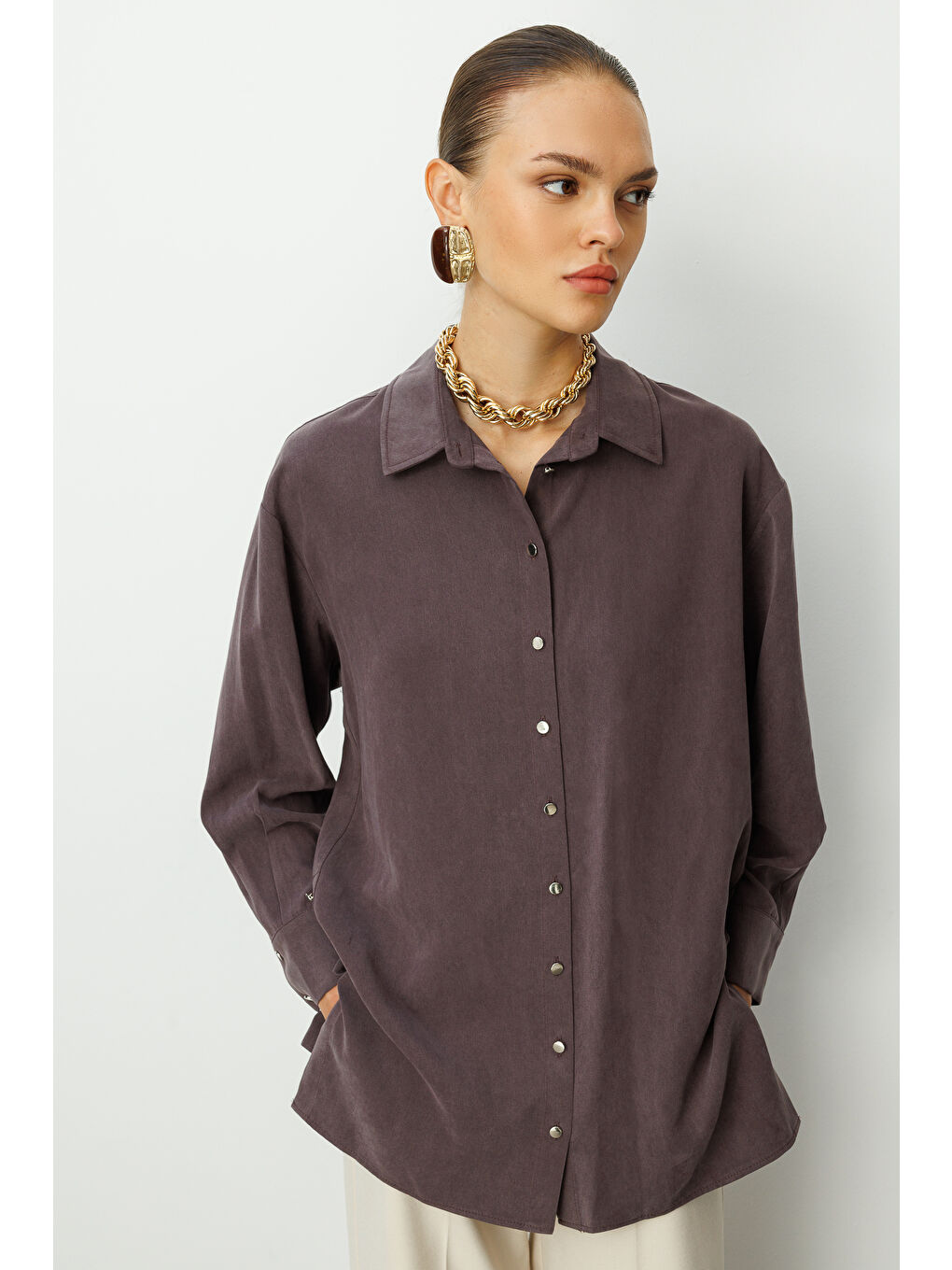 Yan Düğmeli Kahverengi Cupro Tunik