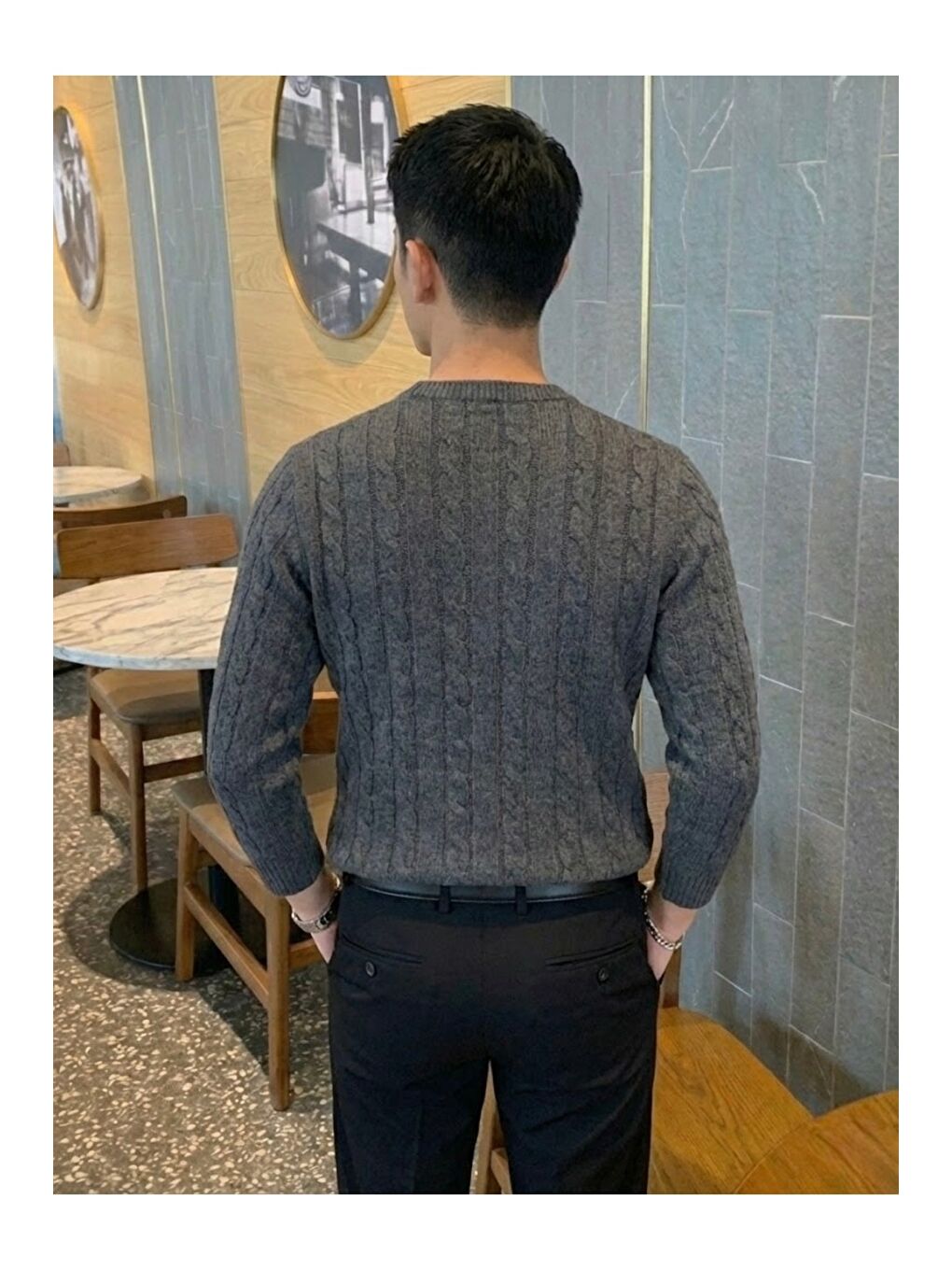 Gri Erkek Bisiklet Yaka Slim Fit Saç Örgülü Triko Kazak-2