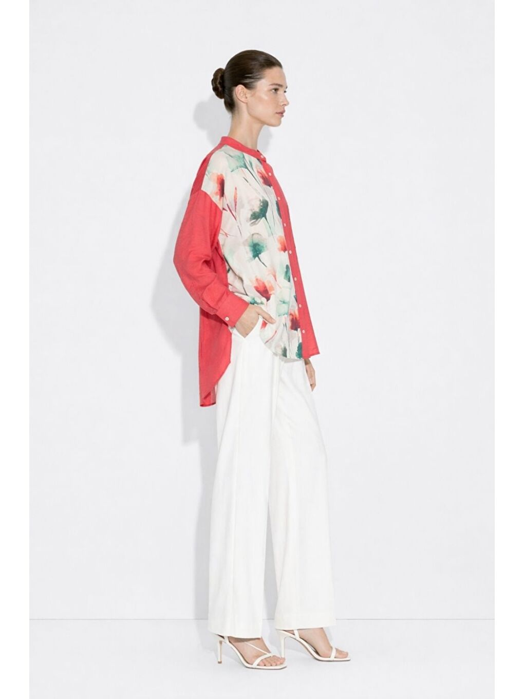 Çiçek Desen Detaylı Hakim Yaka Fuşya Tunik-1