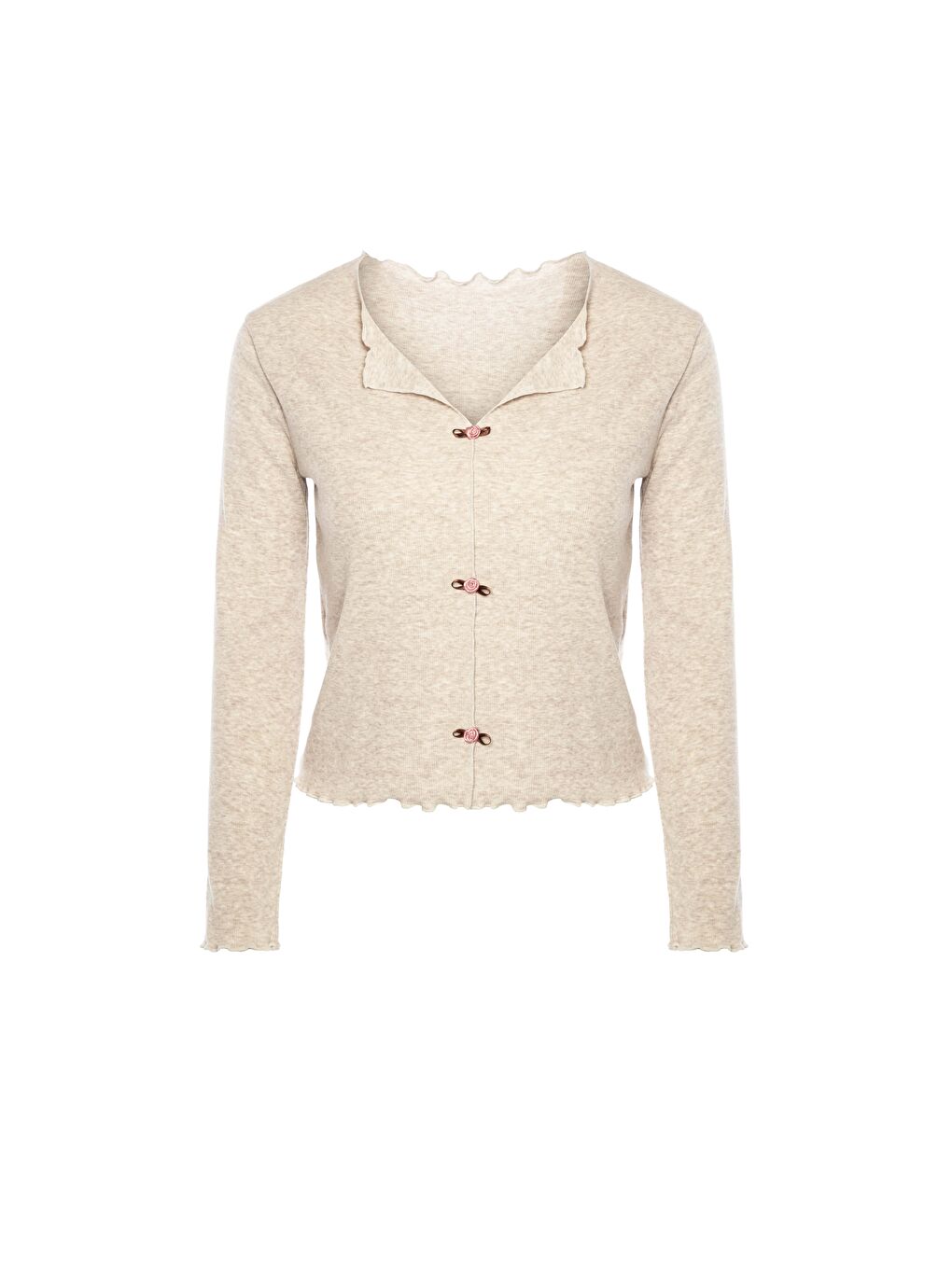 Kahverengi Kadın Pamuklu Çıtır Çiçek Desenli Baby Overloklu Fiyonklu Uzun Kollu Pijama Takımı-1