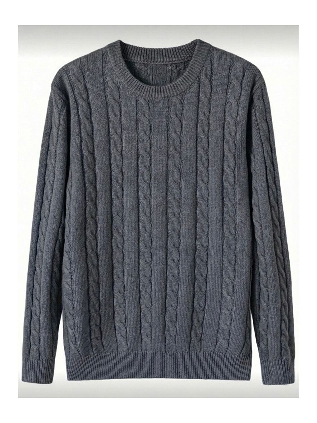 Gri Erkek Bisiklet Yaka Slim Fit Saç Örgülü Triko Kazak-3