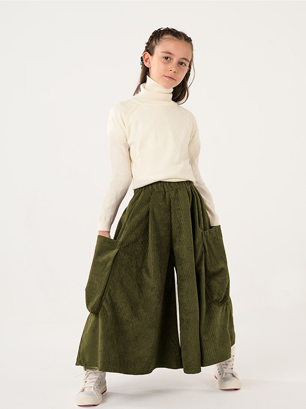 Kız Çocuk Haki Kadife Kali Pantolon Etek-2