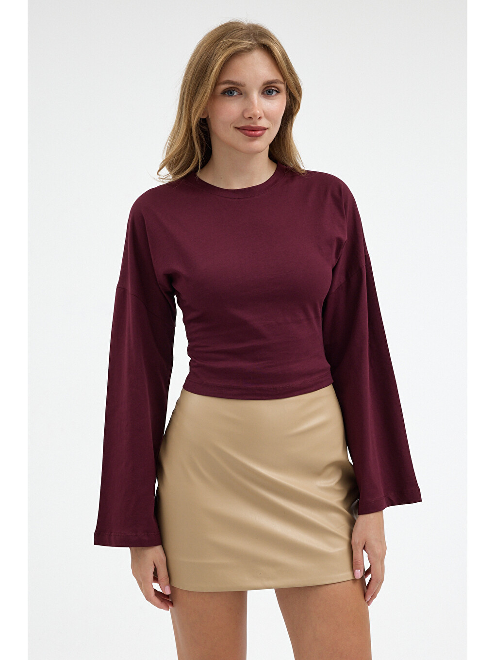 Kadın Basic Geniş Kol Bordo Crop Bluz-1