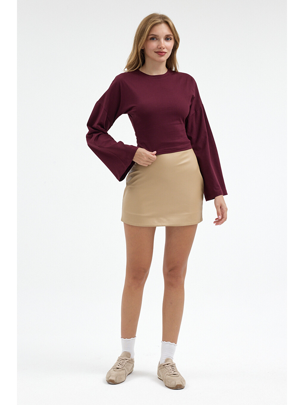 Kadın Basic Geniş Kol Bordo Crop Bluz-2