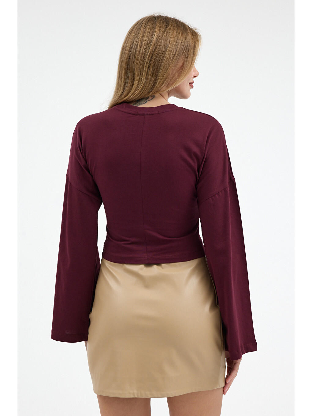 Kadın Basic Geniş Kol Bordo Crop Bluz-3