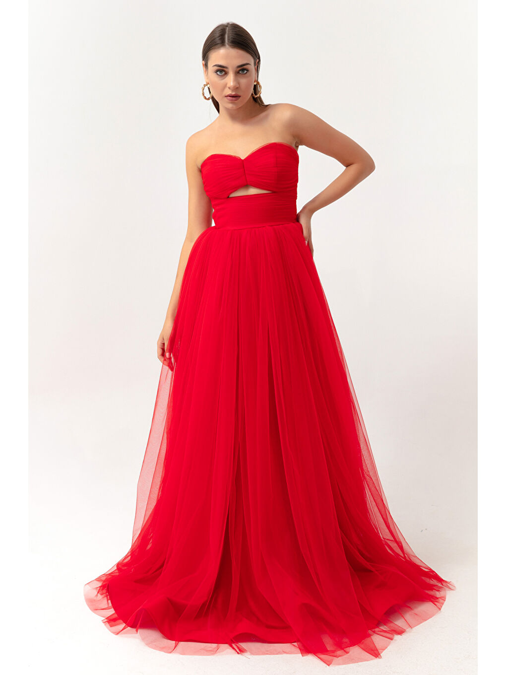 Kadın Kırmızı Straplez Tül Abiye Elbise-1