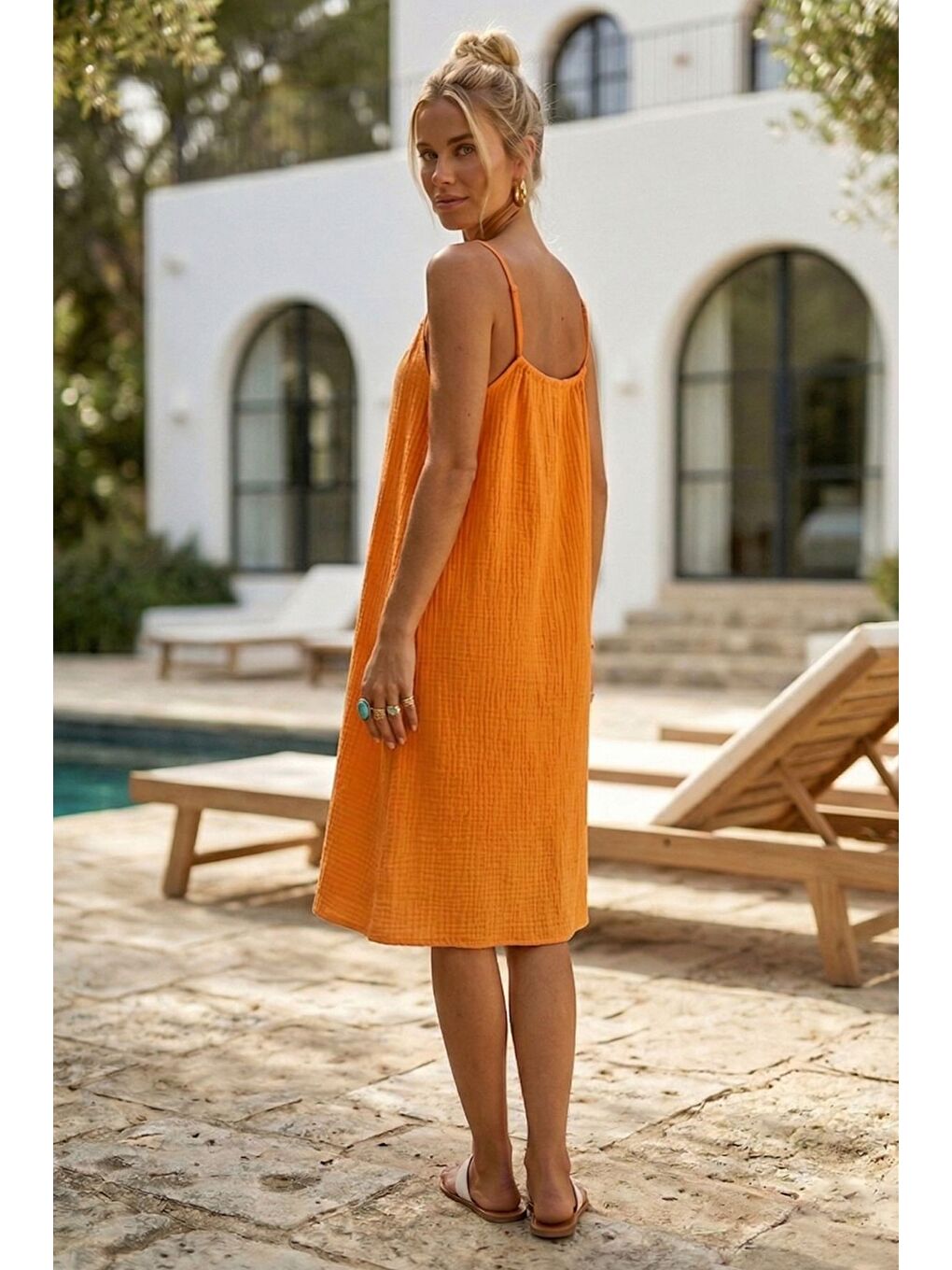 Turuncu Askılı Gizli Cepli Ayarlanabilir Askılı Casual Müslin Dokuma Elbise 105 55-1