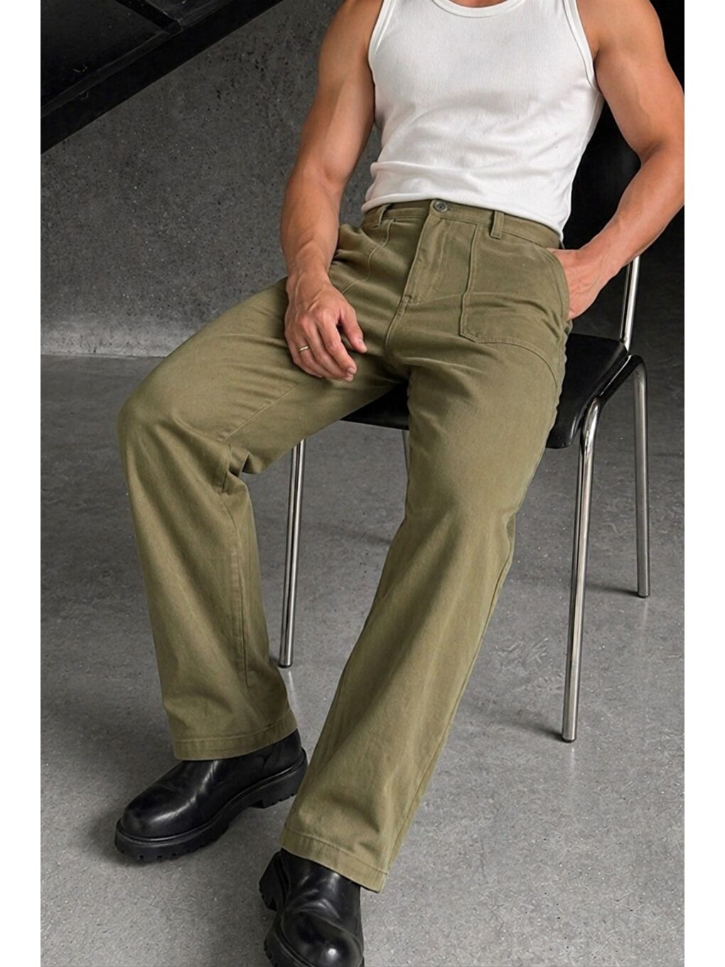 Haki Erkek Baggy Fit Old Money Cep Detaylı Pantolon-1
