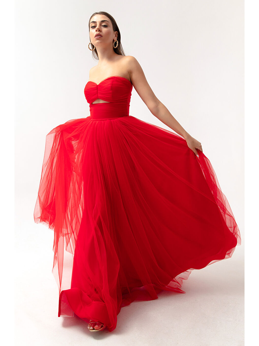 Kadın Kırmızı Straplez Tül Abiye Elbise-2