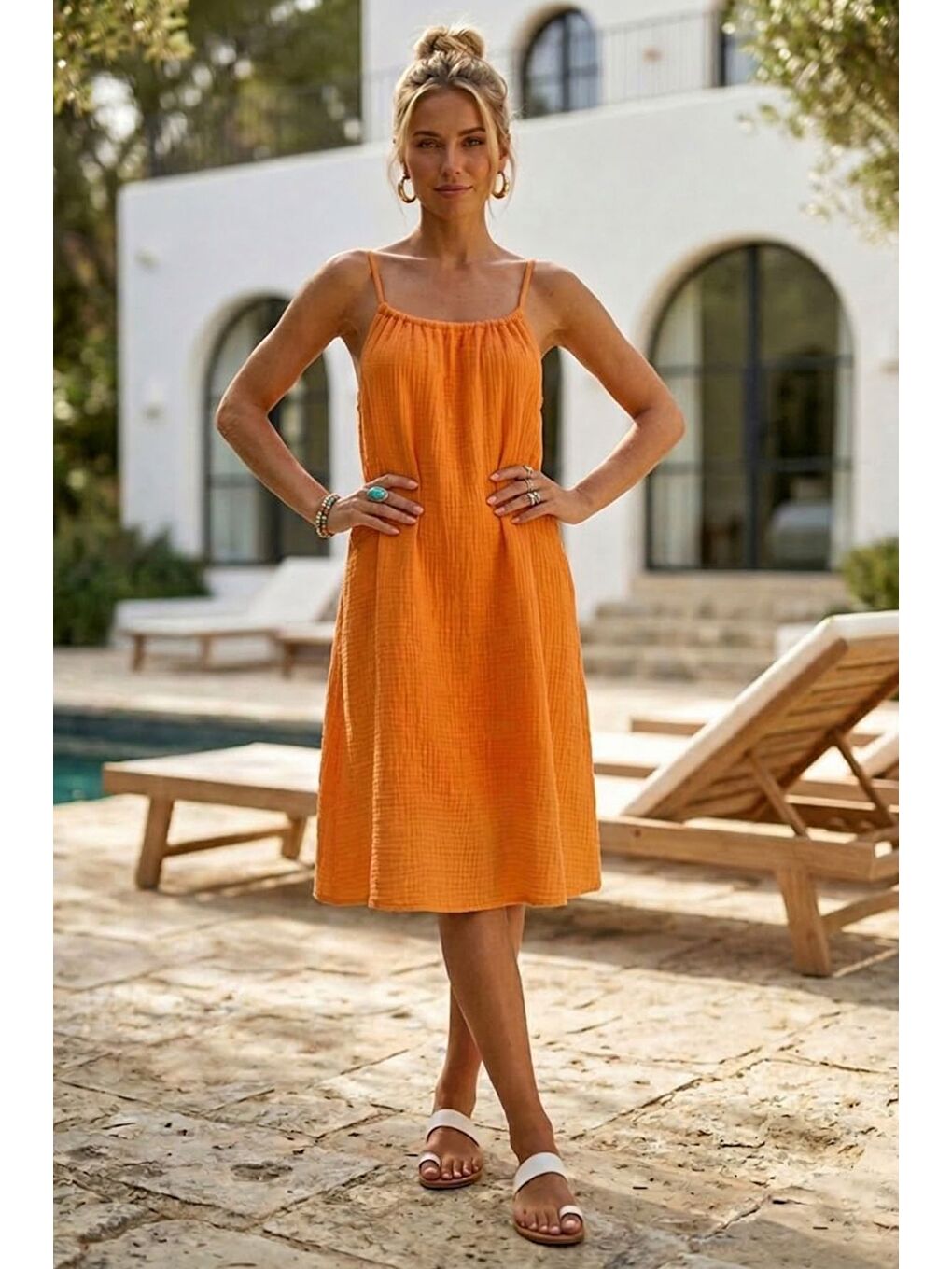Turuncu Askılı Gizli Cepli Ayarlanabilir Askılı Casual Müslin Dokuma Elbise 105 55-2