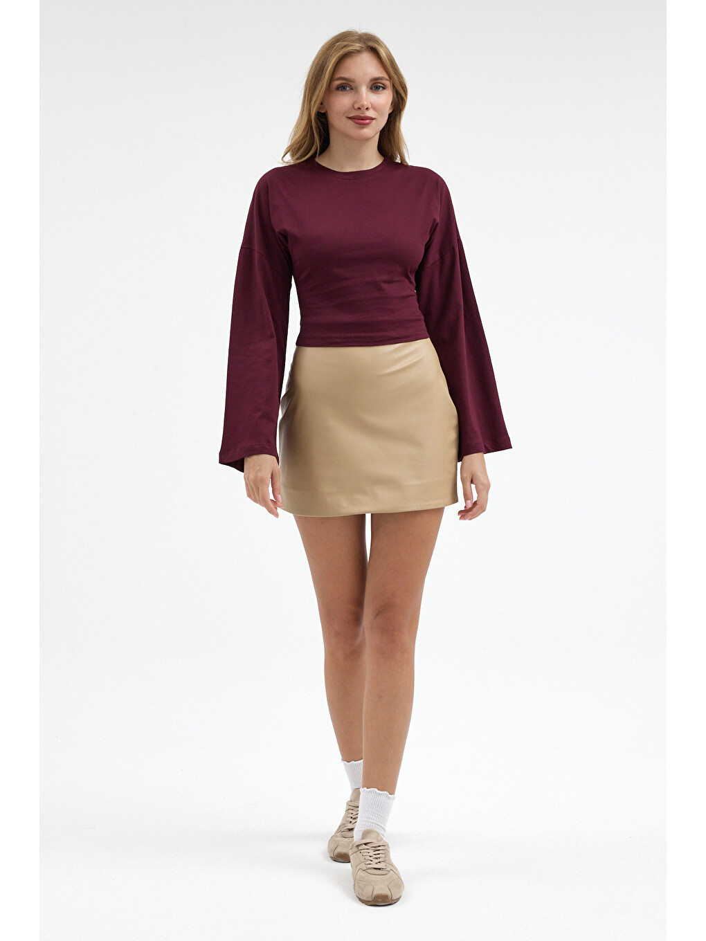 Kadın Basic Geniş Kol Bordo Crop Bluz-5