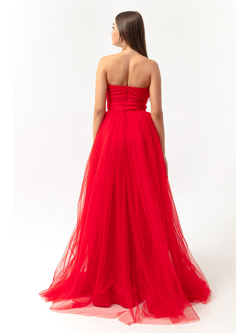 Kadın Kırmızı Straplez Tül Abiye Elbise-4