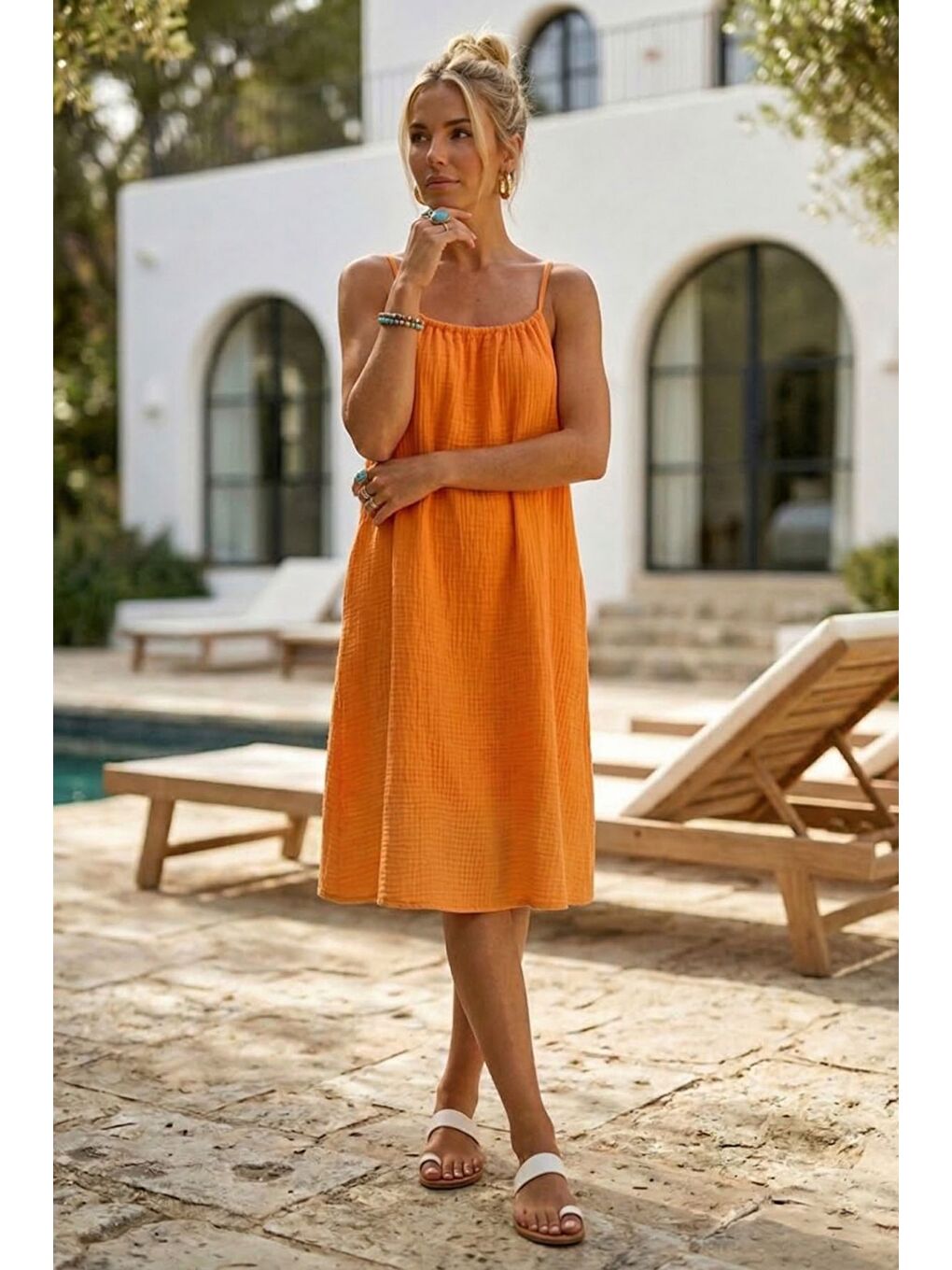 Turuncu Askılı Gizli Cepli Ayarlanabilir Askılı Casual Müslin Dokuma Elbise 105 55-3