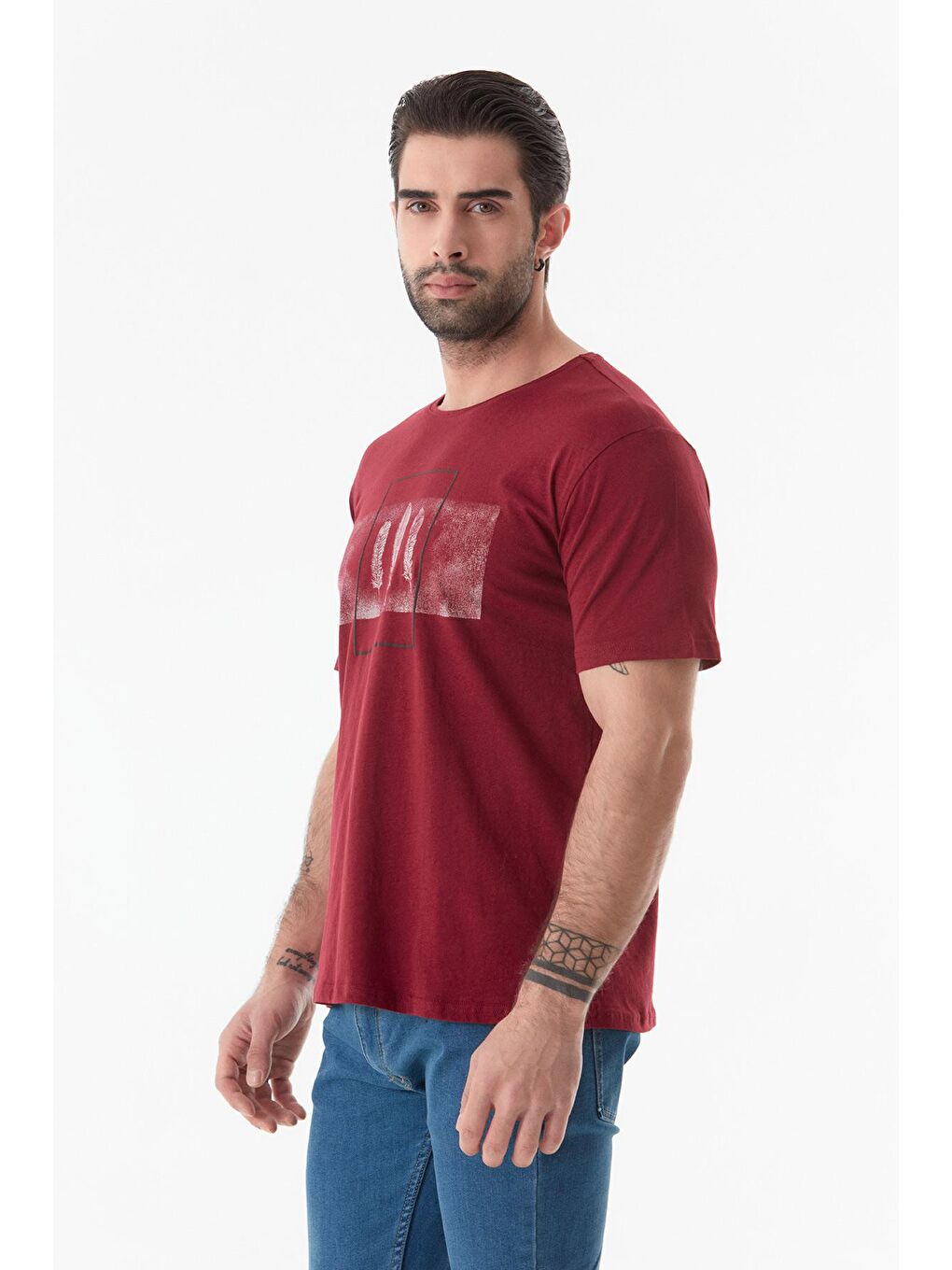 Bordo Baskılı Bisiklet Yaka Tişört