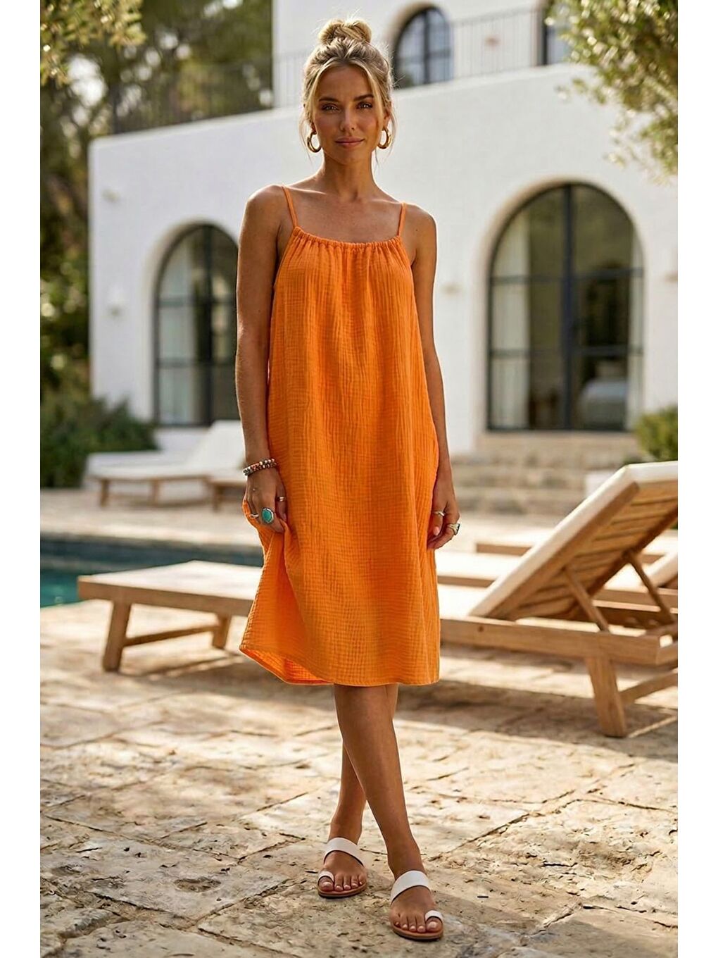 Turuncu Askılı Gizli Cepli Ayarlanabilir Askılı Casual Müslin Dokuma Elbise 105 55-4