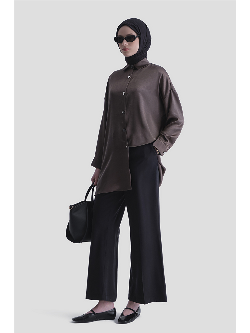 Bej Kırışık Efektli Metal Düğmeli Tunik Vizon