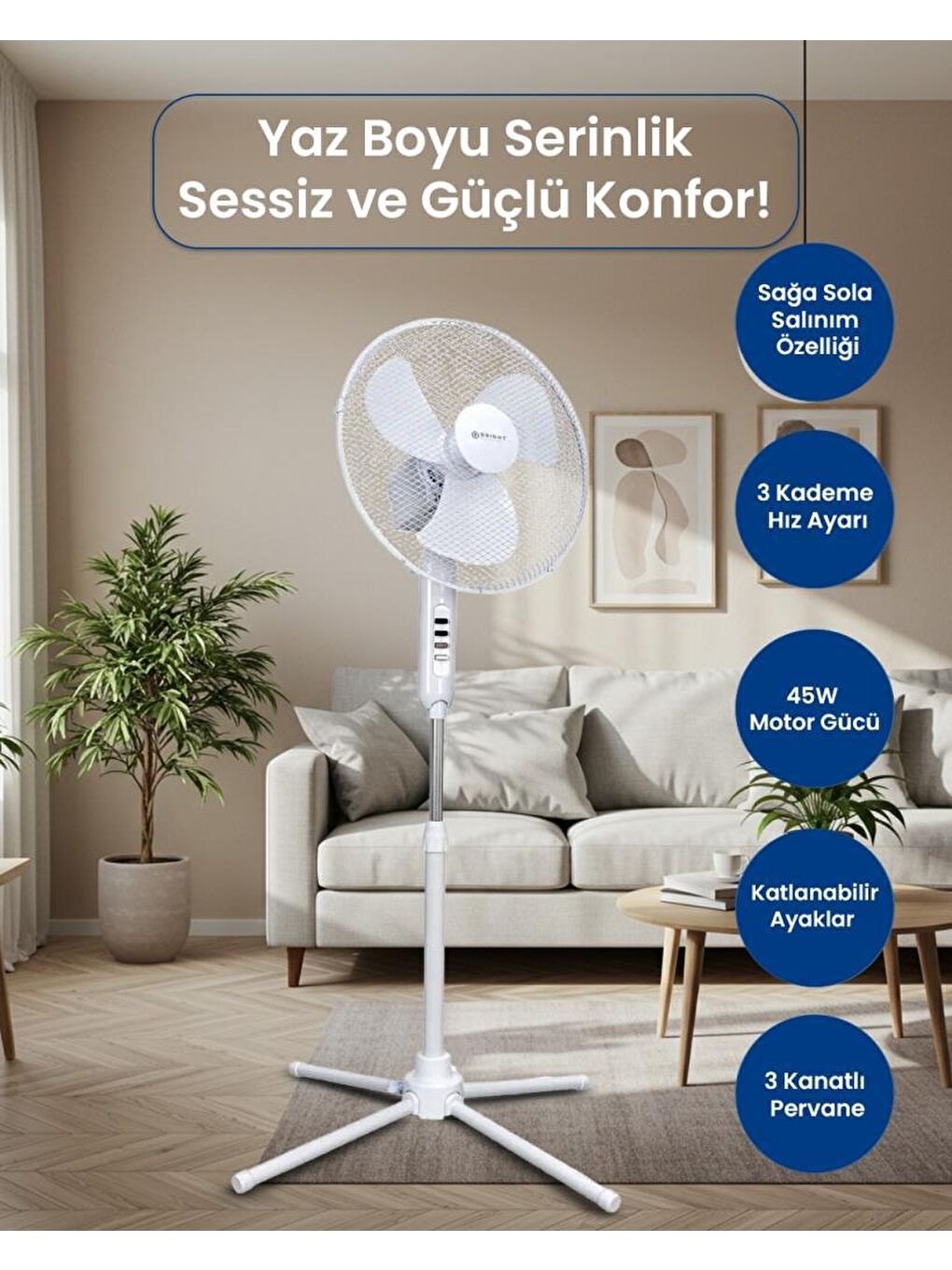 Bright Elegance Be-4116 16" Katlanabilir Ayaklı Standlı Vantilatör Beyaz - 1