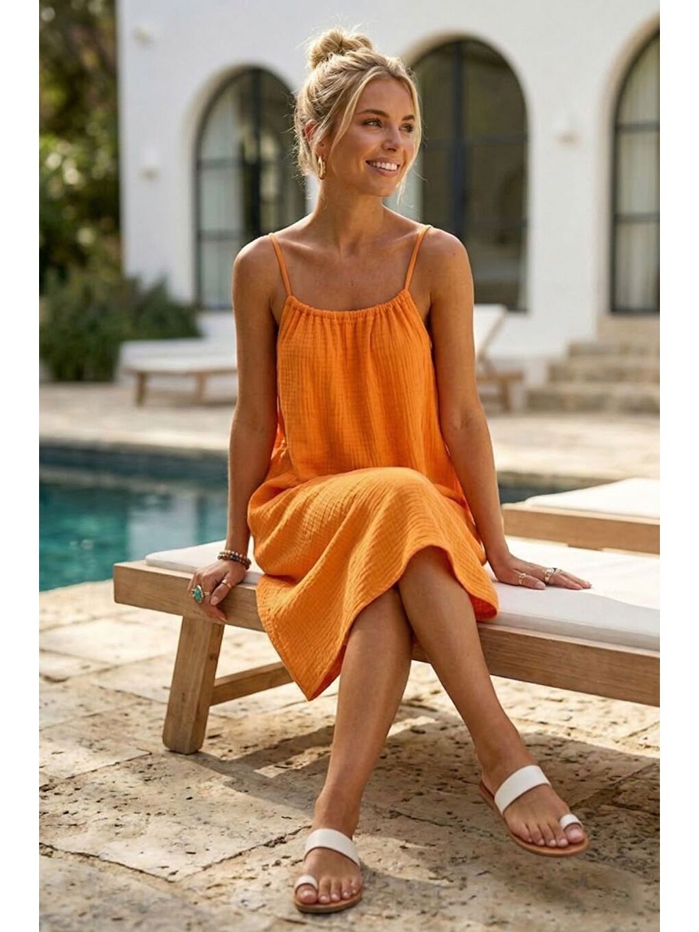 Turuncu Askılı Gizli Cepli Ayarlanabilir Askılı Casual Müslin Dokuma Elbise 105 55-5