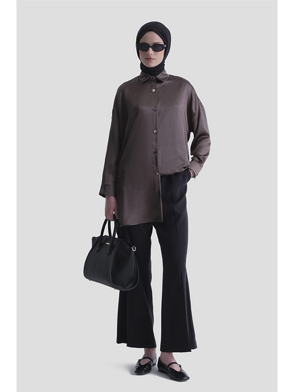 Bej Kırışık Efektli Metal Düğmeli Tunik Vizon-1