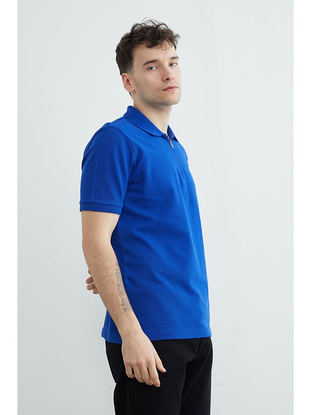 Mavi Fermuarlı  Baskılı Polo Yaka Tişört-3