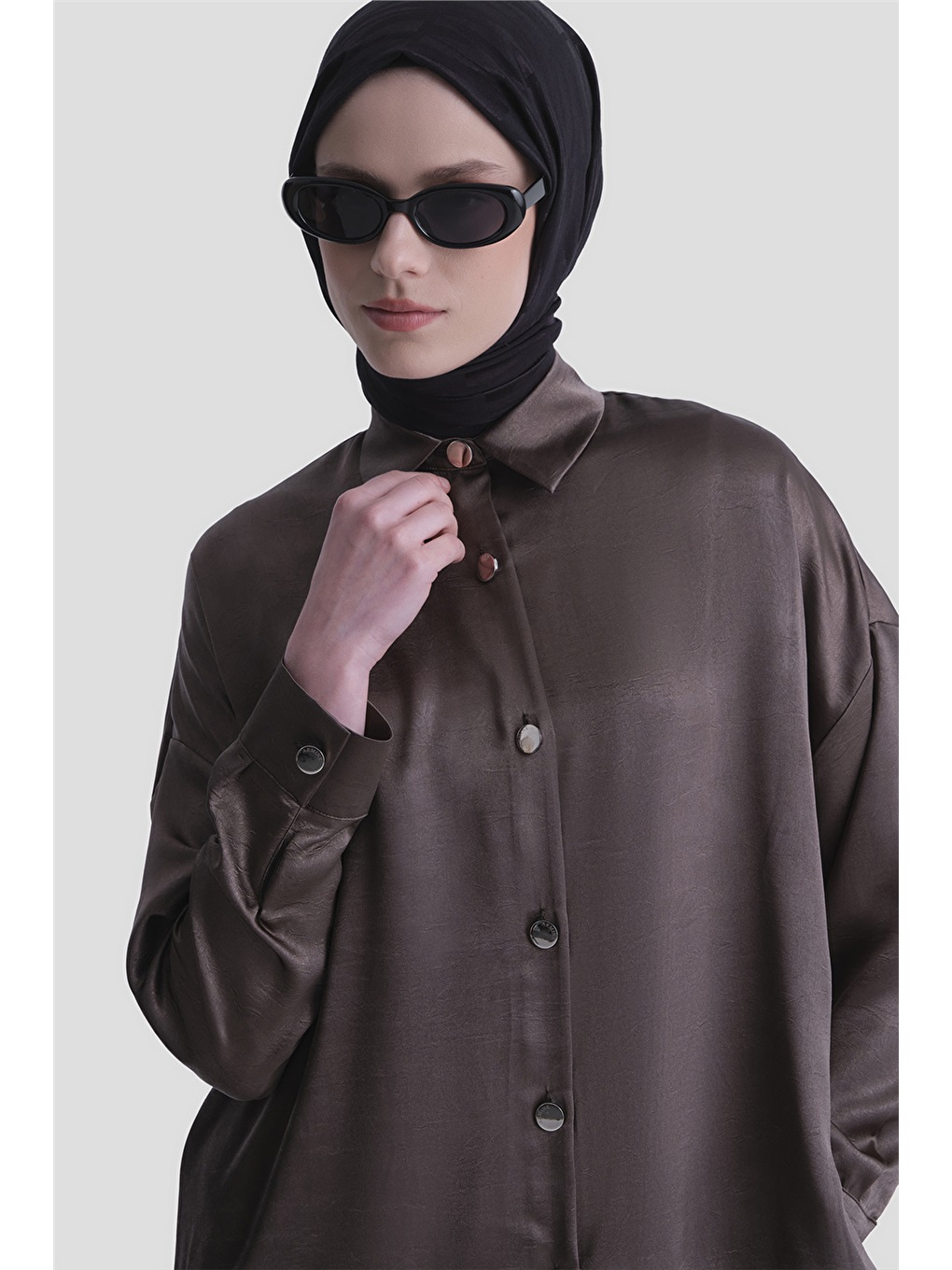 Bej Kırışık Efektli Metal Düğmeli Tunik Vizon-2