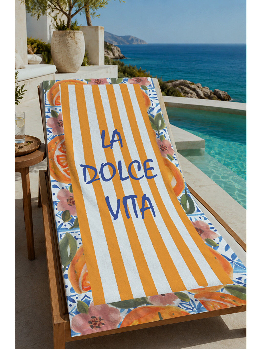 Sarı Çizgili La Dolce Vita Narenciye Çerçeveli 70x150 Cm Dijital Baskılı Plaj Ve Banyo Havlusu