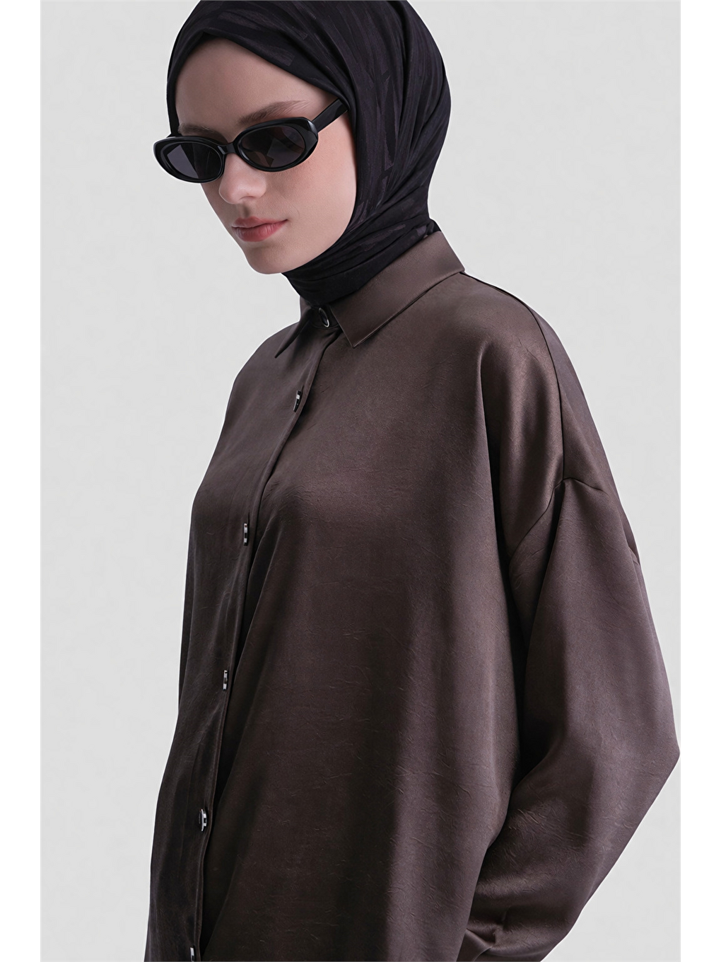 Bej Kırışık Efektli Metal Düğmeli Tunik Vizon-3