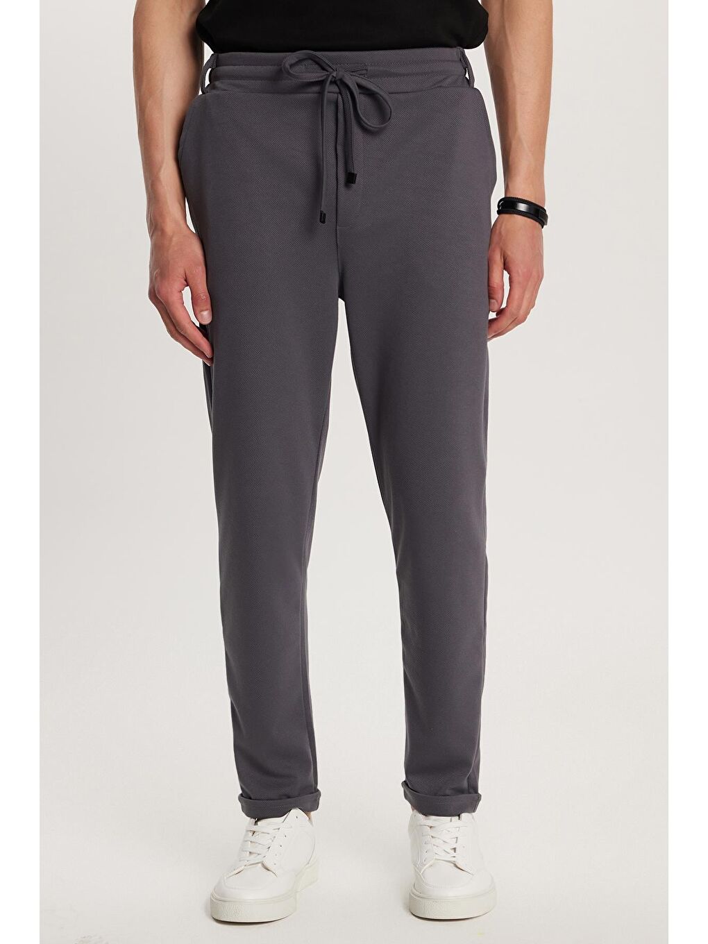 Erkek Slim Fit Pamuklu Beli Bağlamalı Yan Cepli Katlamalı Paça Jogger Antrasit Pantolon