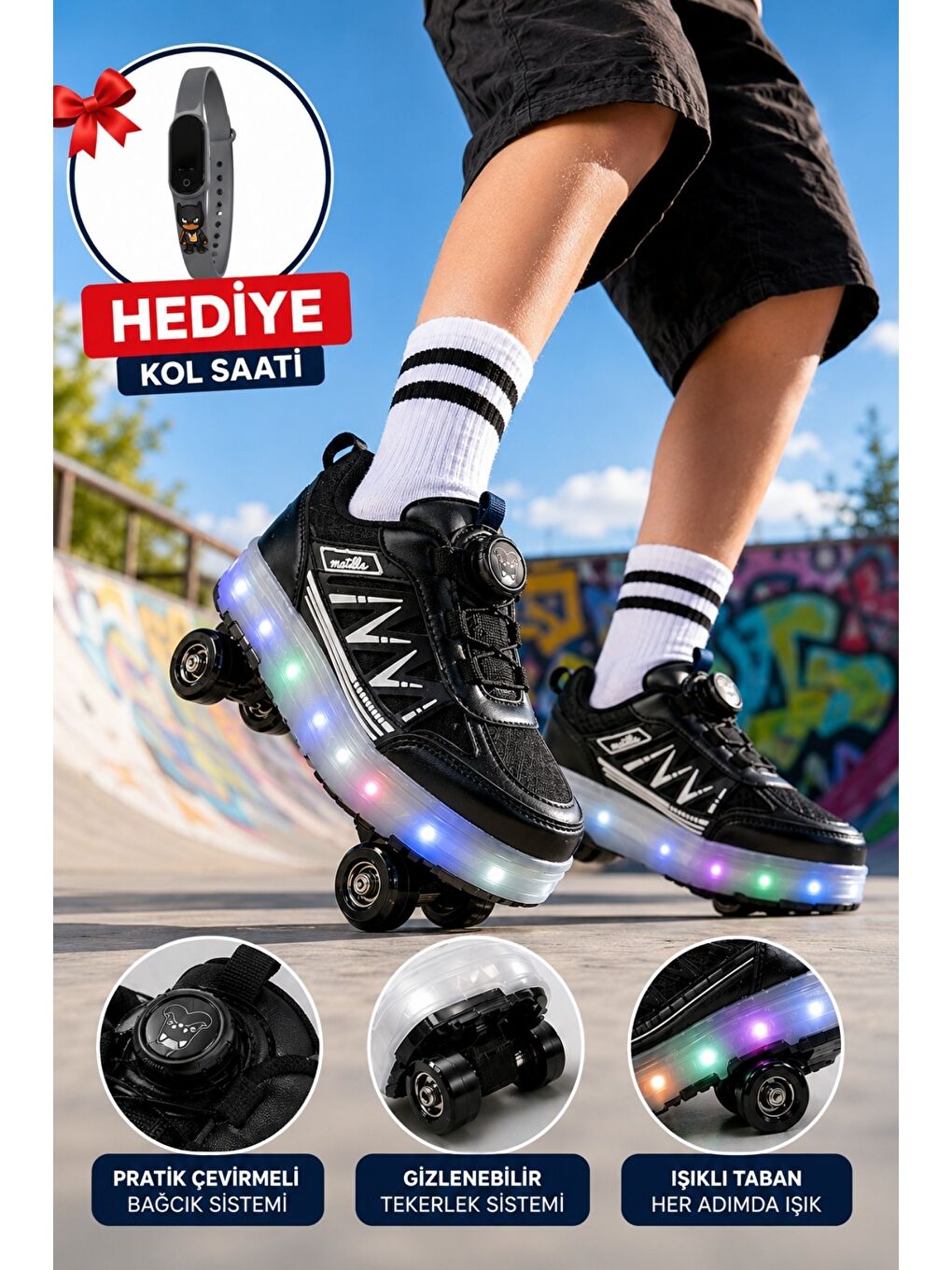 Siyah SKATE Çocuk Işıklı Patenli Tekerlekli Sneaker Spor Ayakkabı-1
