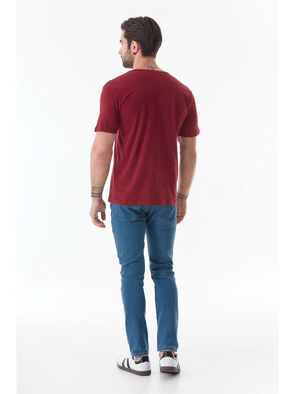 Bordo Baskılı Bisiklet Yaka Tişört-1