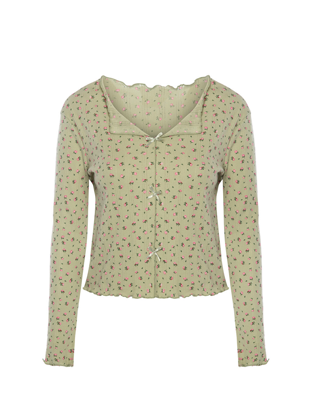 Yeşil Kadın Pamuklu Çıtır Çiçek Desenli Baby Overloklu Fiyonklu Uzun Kollu Pijama Takımı-1