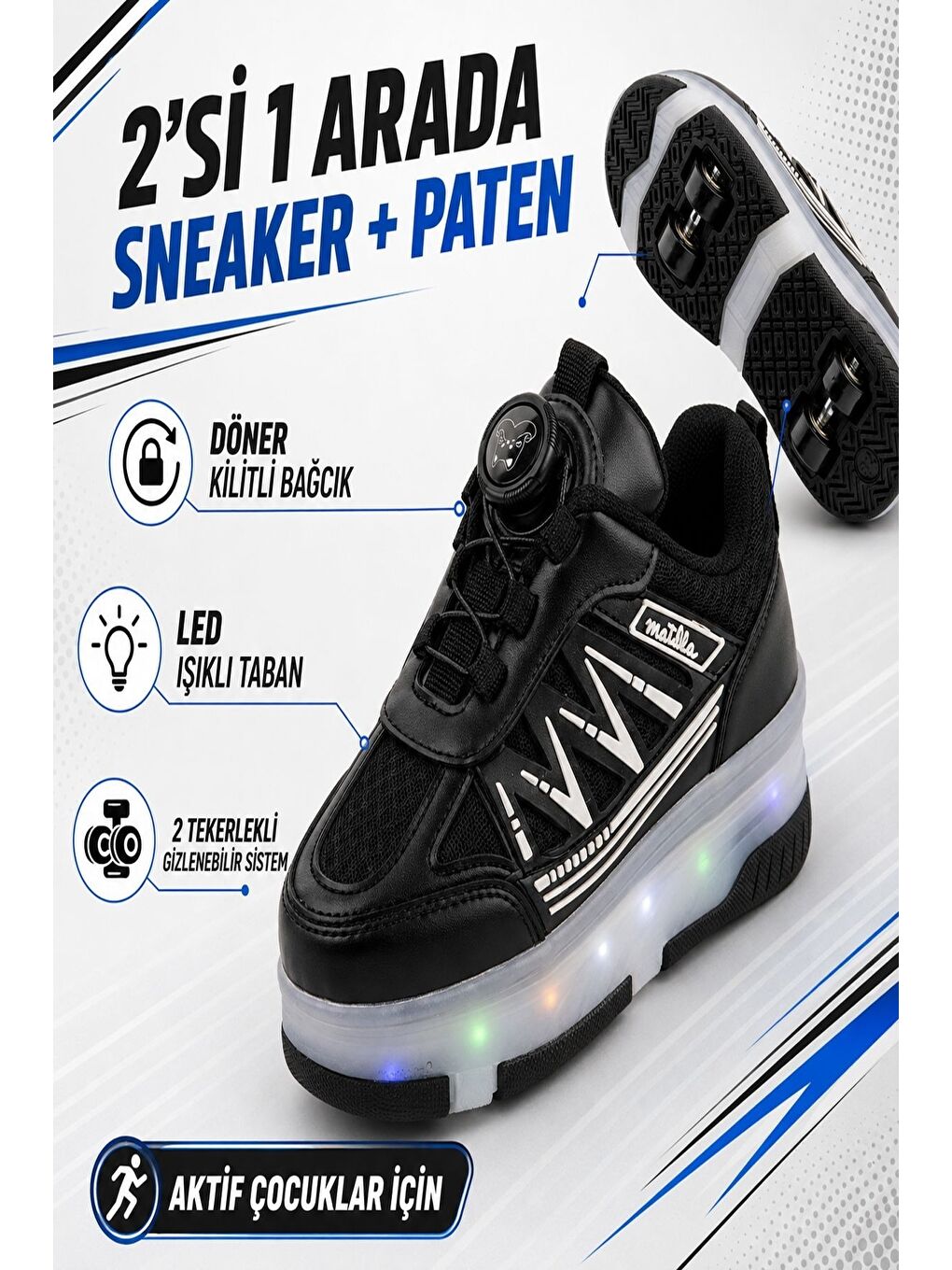 Siyah SKATE Çocuk Işıklı Patenli Tekerlekli Sneaker Spor Ayakkabı-3